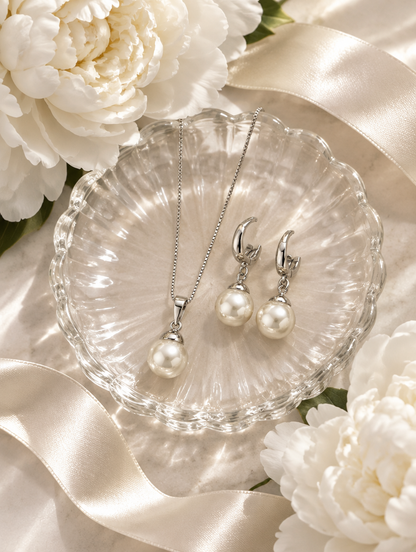 Silver pearl necklace and earrings on a glass dish with white peonies