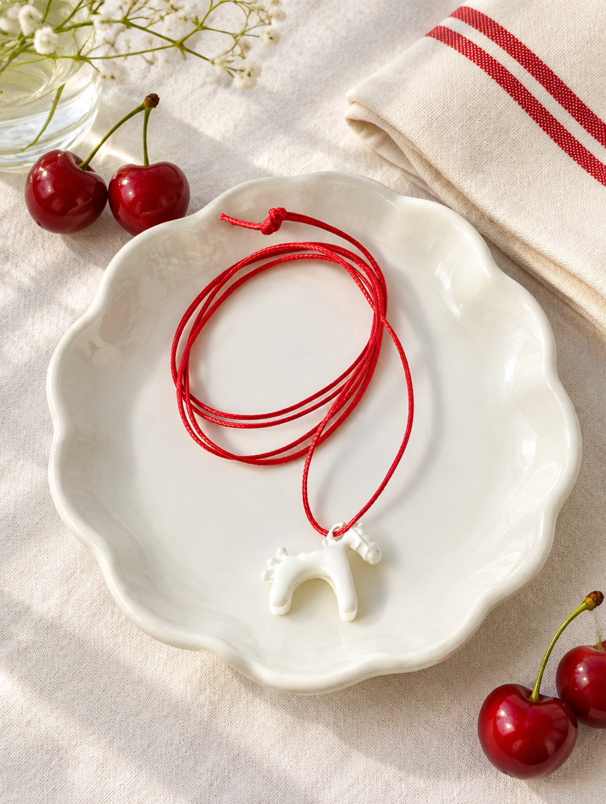 White horse pendant necklace on a plate beside cherries and a napkin