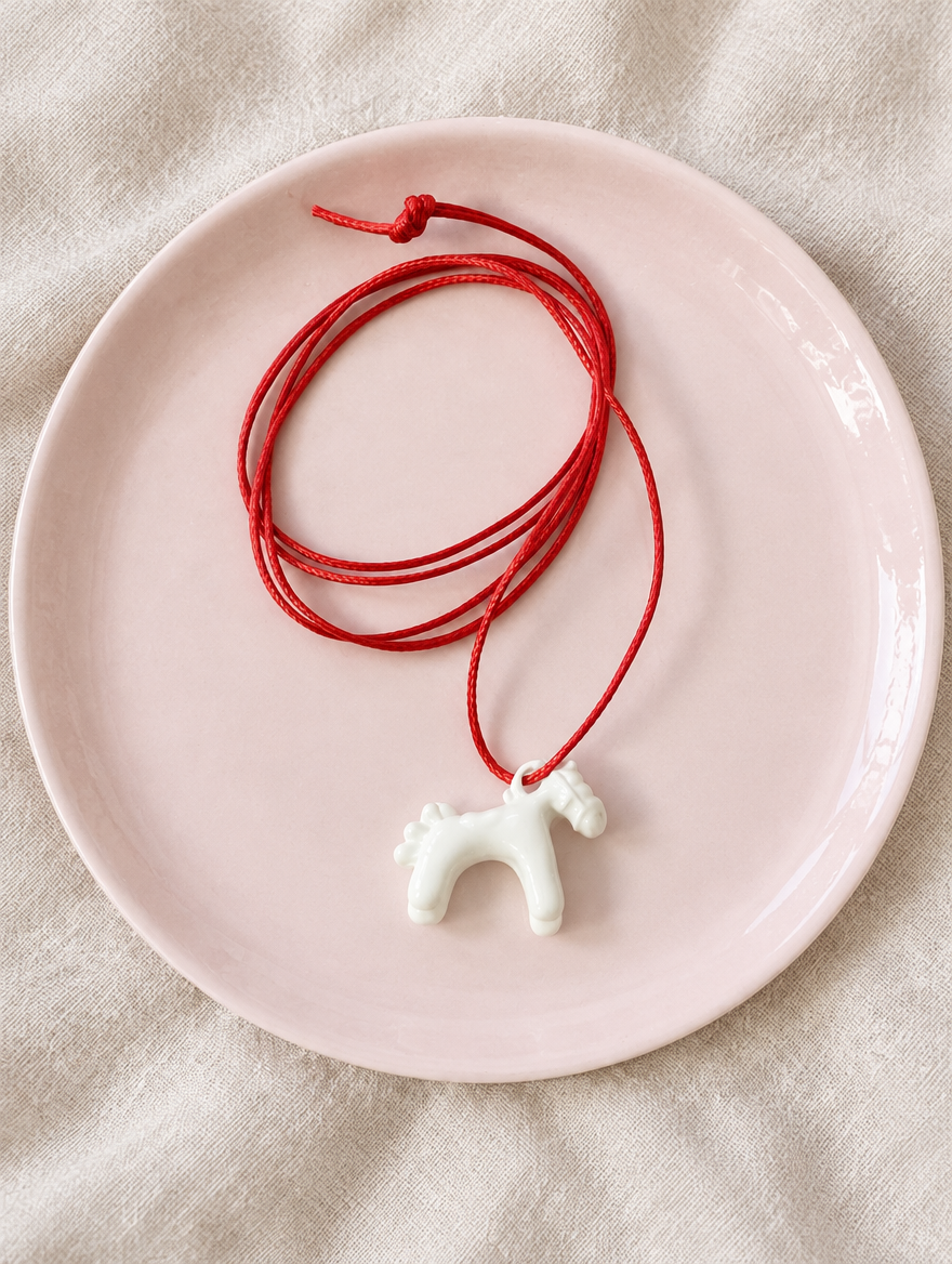White horse pendant cord necklace on a pale pink plate