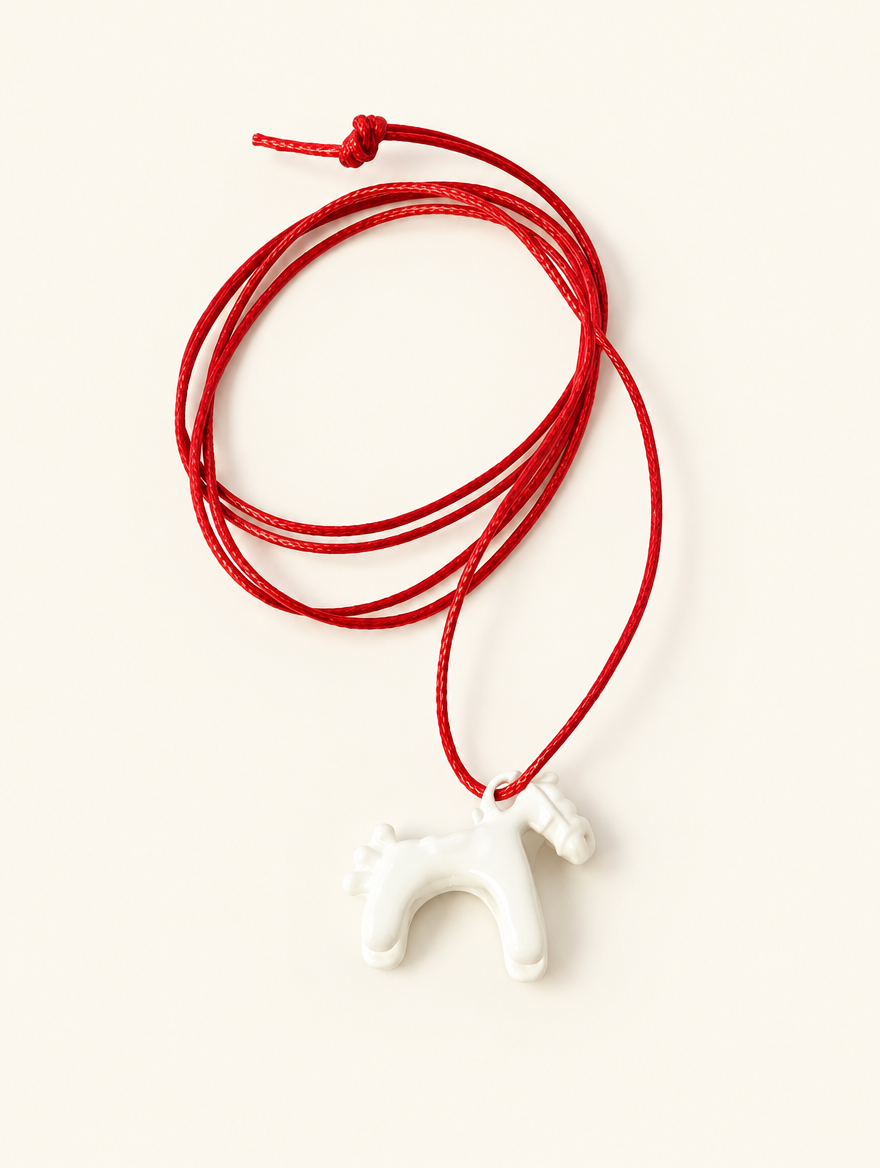 White horse pendant on a red cord necklace on a neutral background