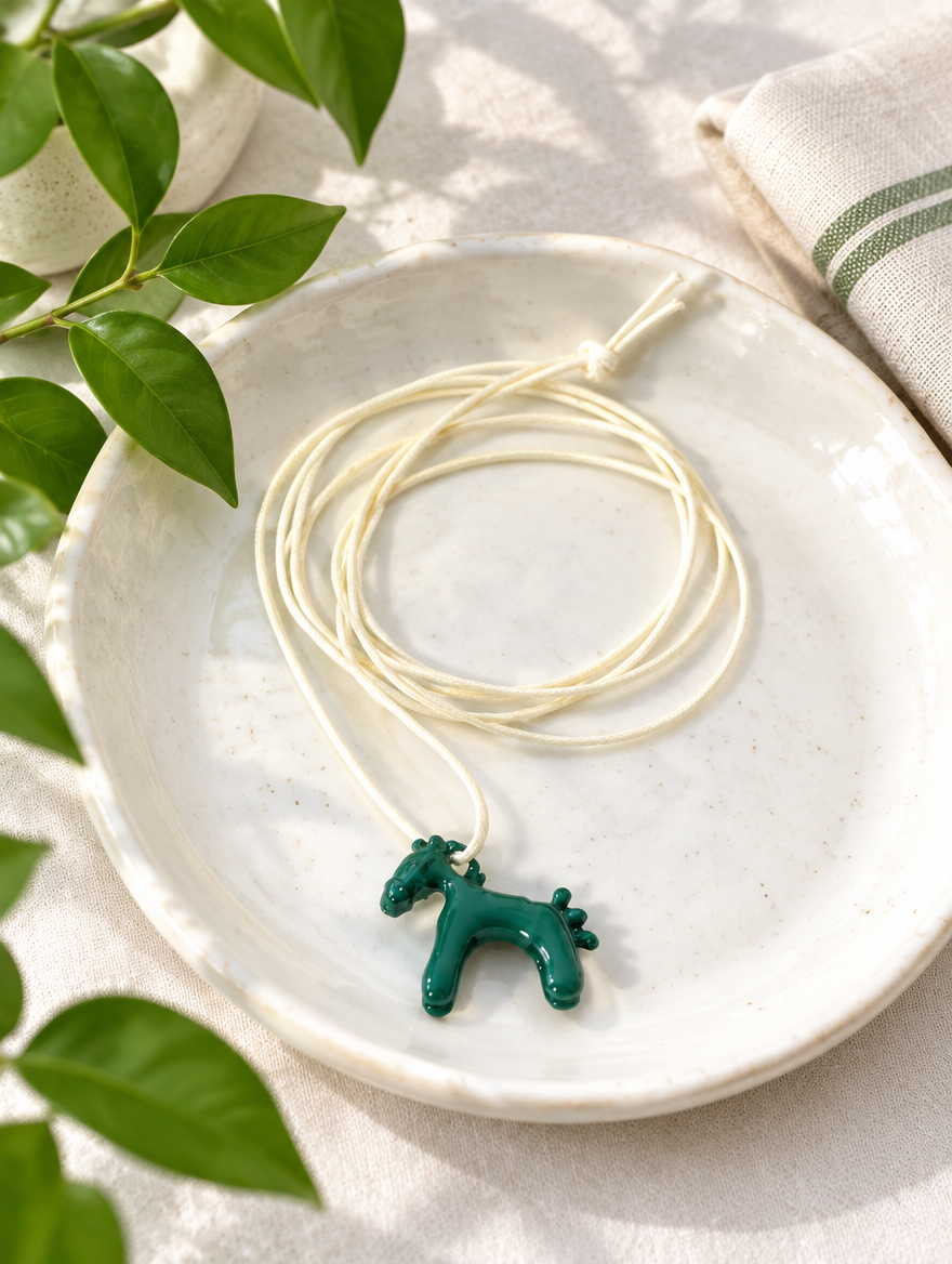 Green horse pendant necklace with fresh leaves and a ceramic dish