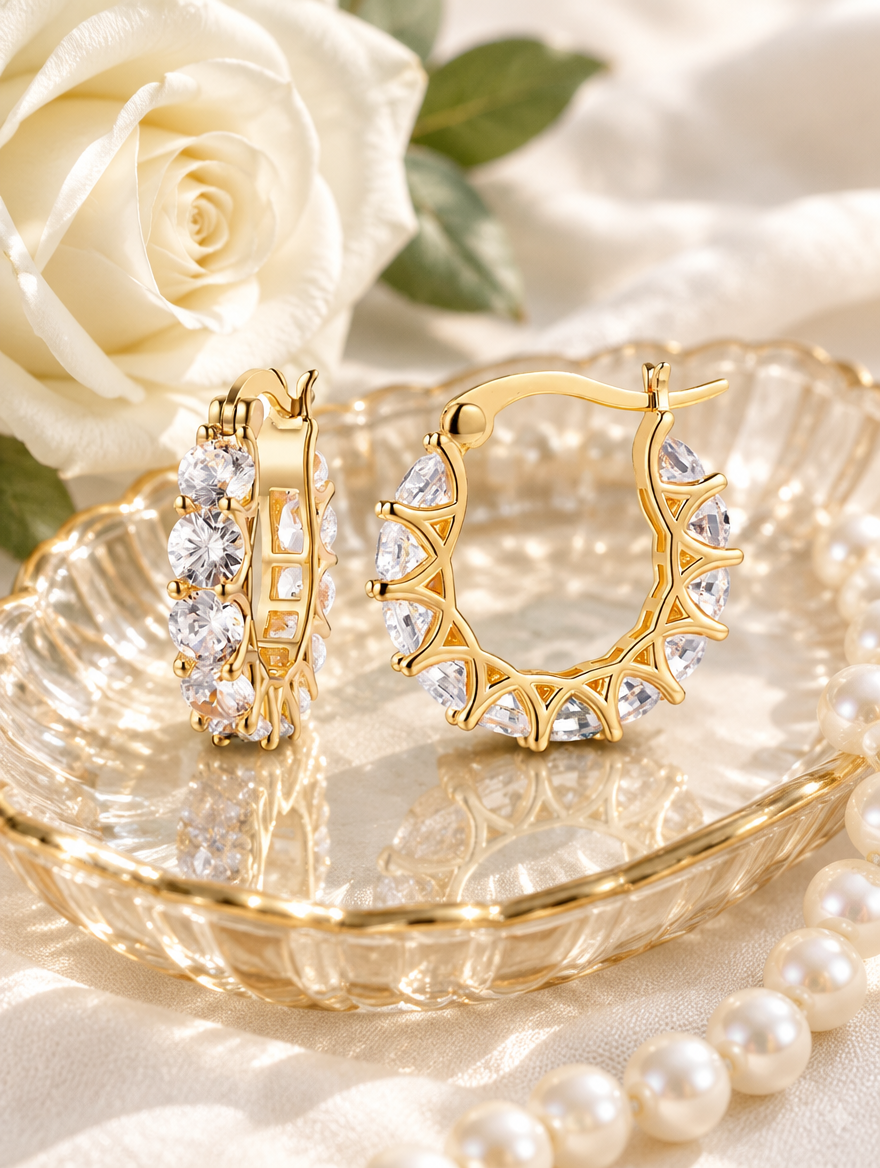 Gold zirconia hoop earrings in a styled still life with props