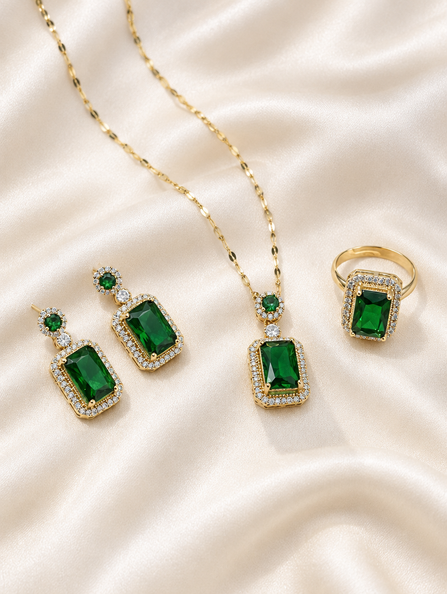 Green crystal jewellery set with necklace, earrings and ring on cream silk