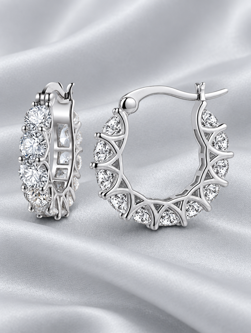 Silver zirconia hoop earrings lying flat on a soft styled surface