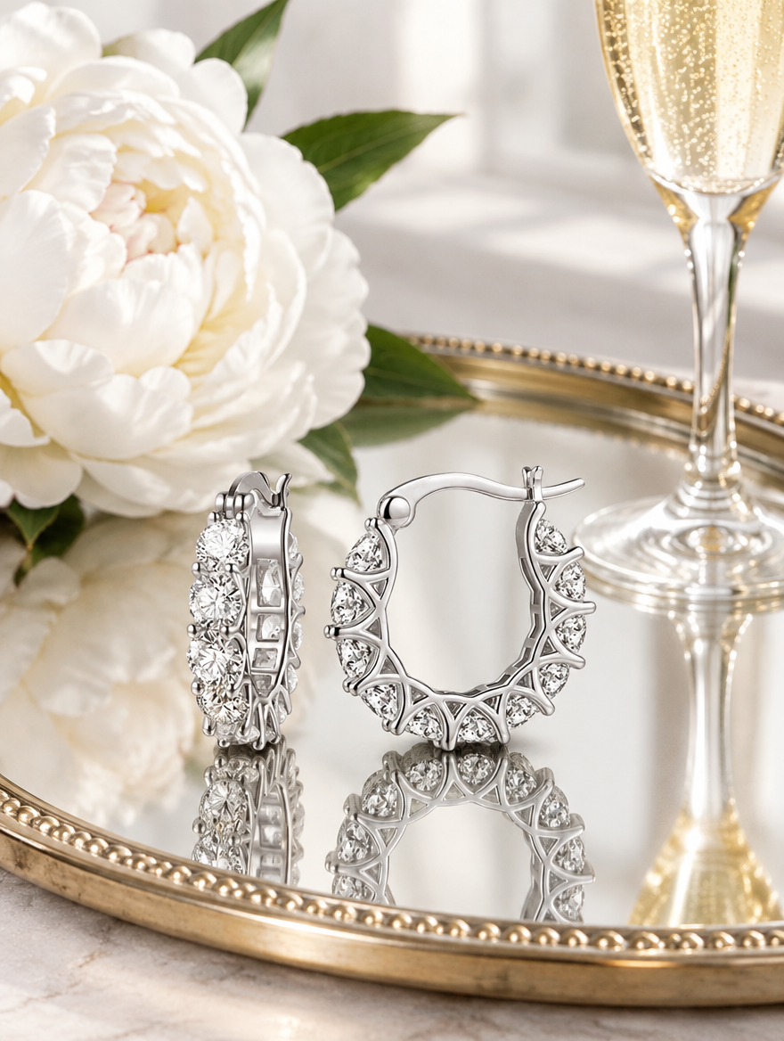 Silver zirconia hoop earrings in a styled still life with props