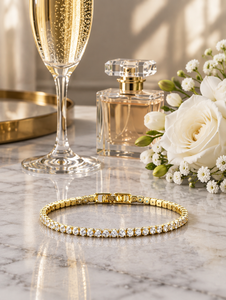 Gold tennis bracelet beside a champagne flute and white flowers on marble