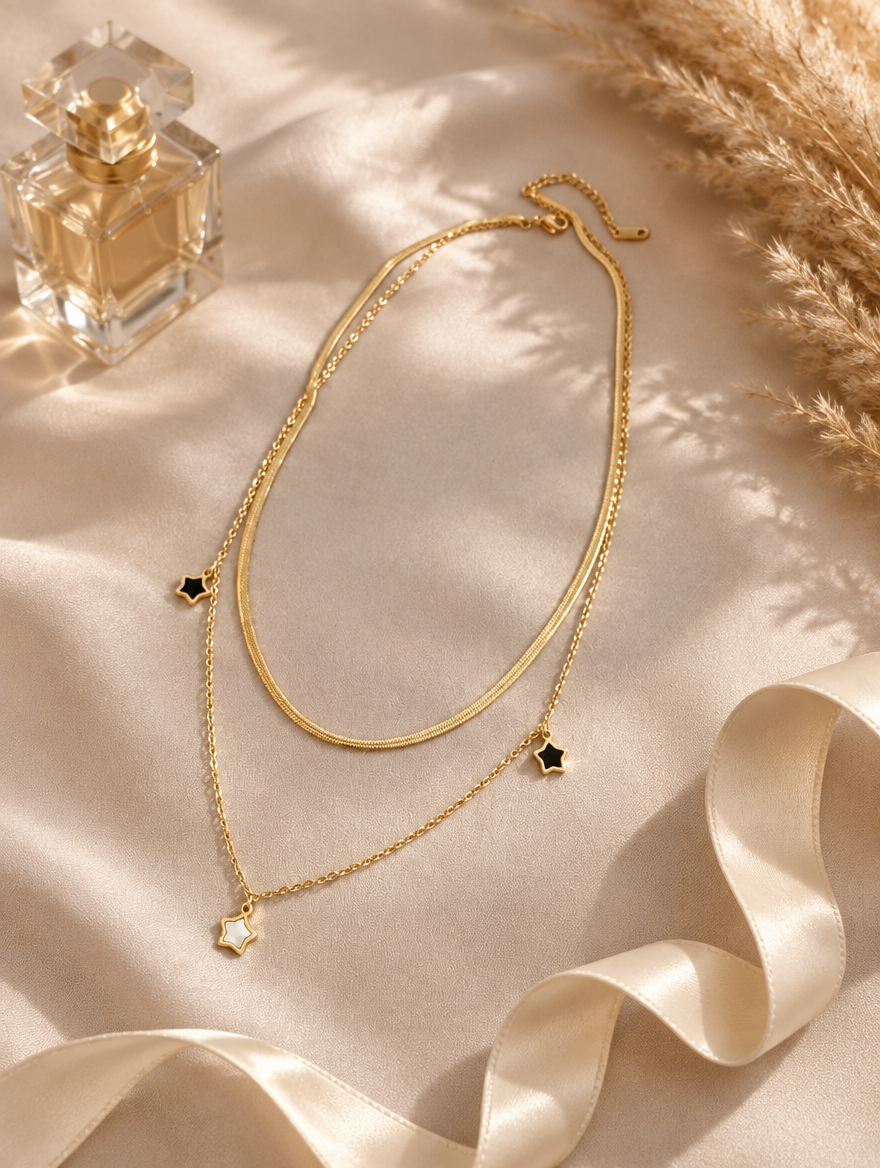 Gold double layer star necklace with perfume bottle, pampas grass and silk ribbon