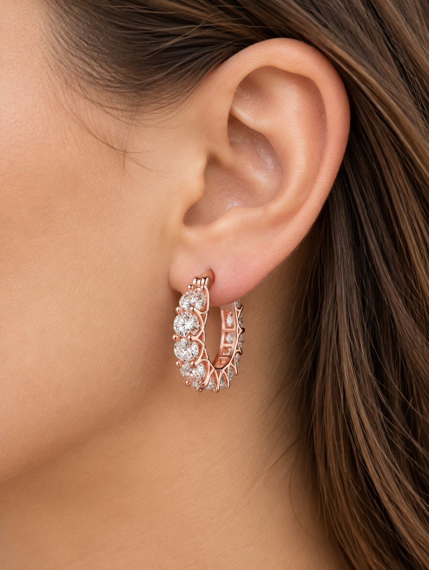 Woman wearing a rose gold zirconia hoop earring