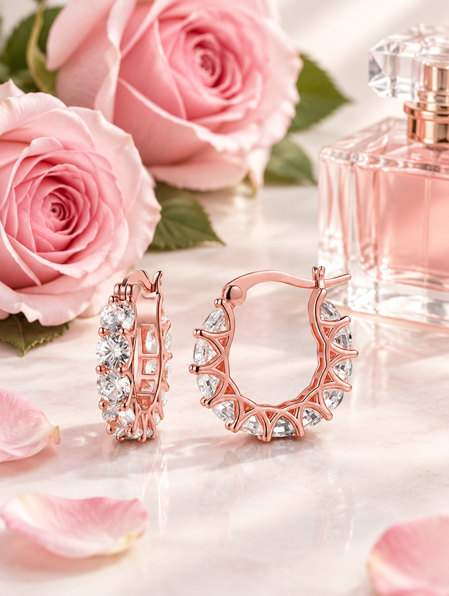 Rose gold zirconia hoop earrings in a styled still life with props