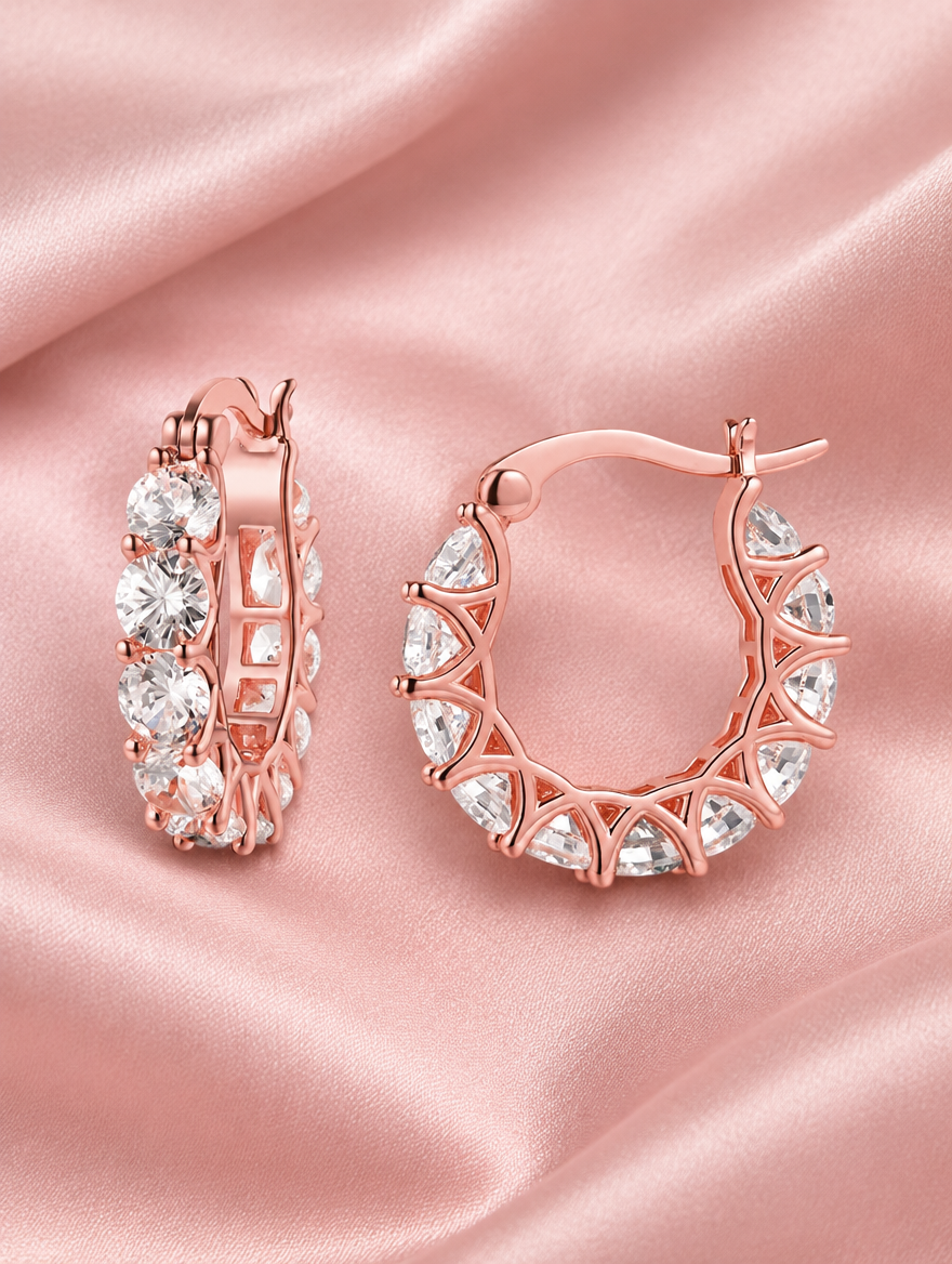 Rose gold zirconia hoop earrings lying flat on a soft styled surface
