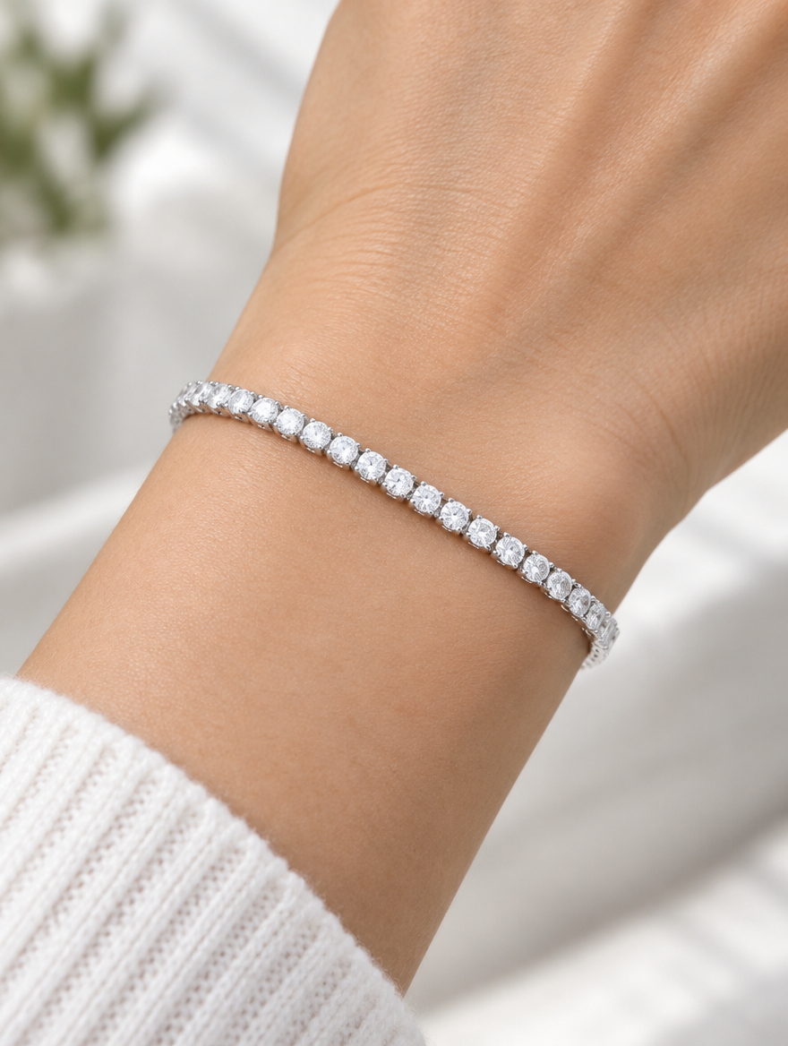 Woman wearing a silver zirconia tennis bracelet