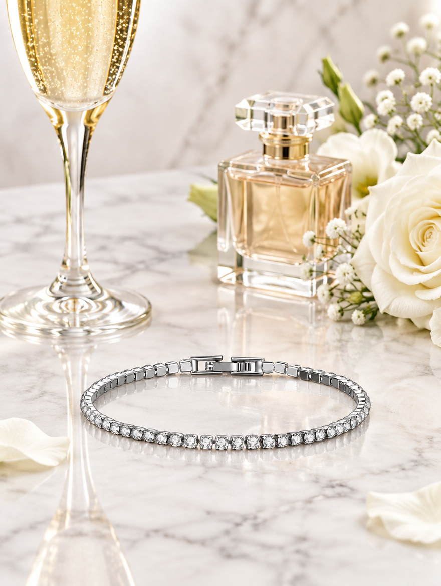 Silver tennis bracelet beside a champagne flute and white flowers on marble