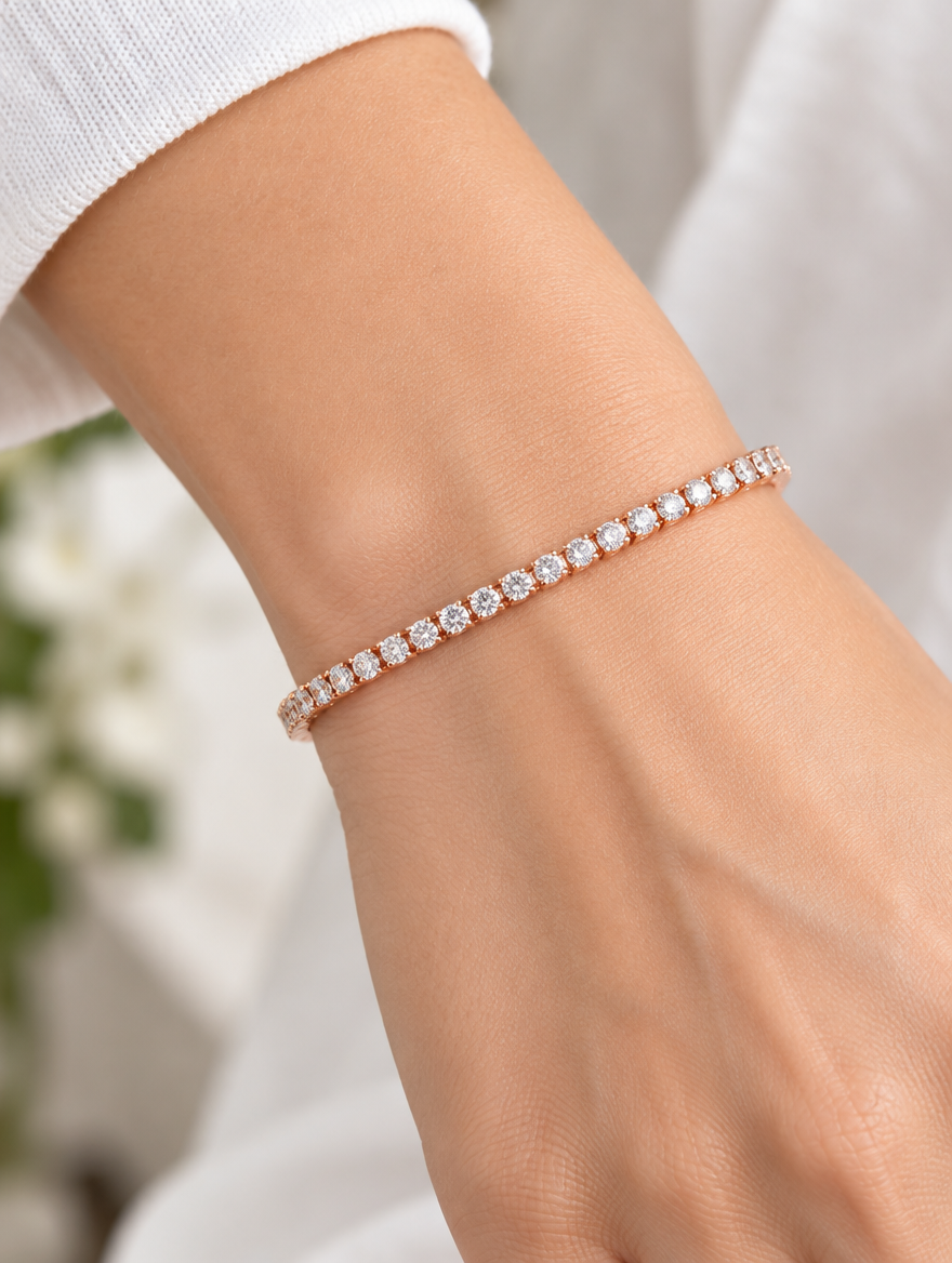 Woman wearing a rose gold zirconia tennis bracelet
