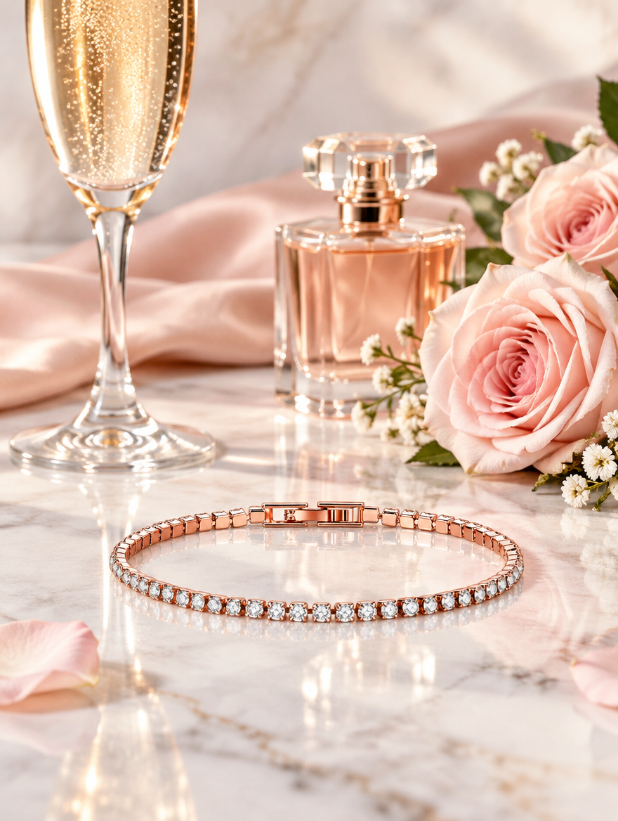 Rose gold tennis bracelet beside a champagne flute and blush roses on marble