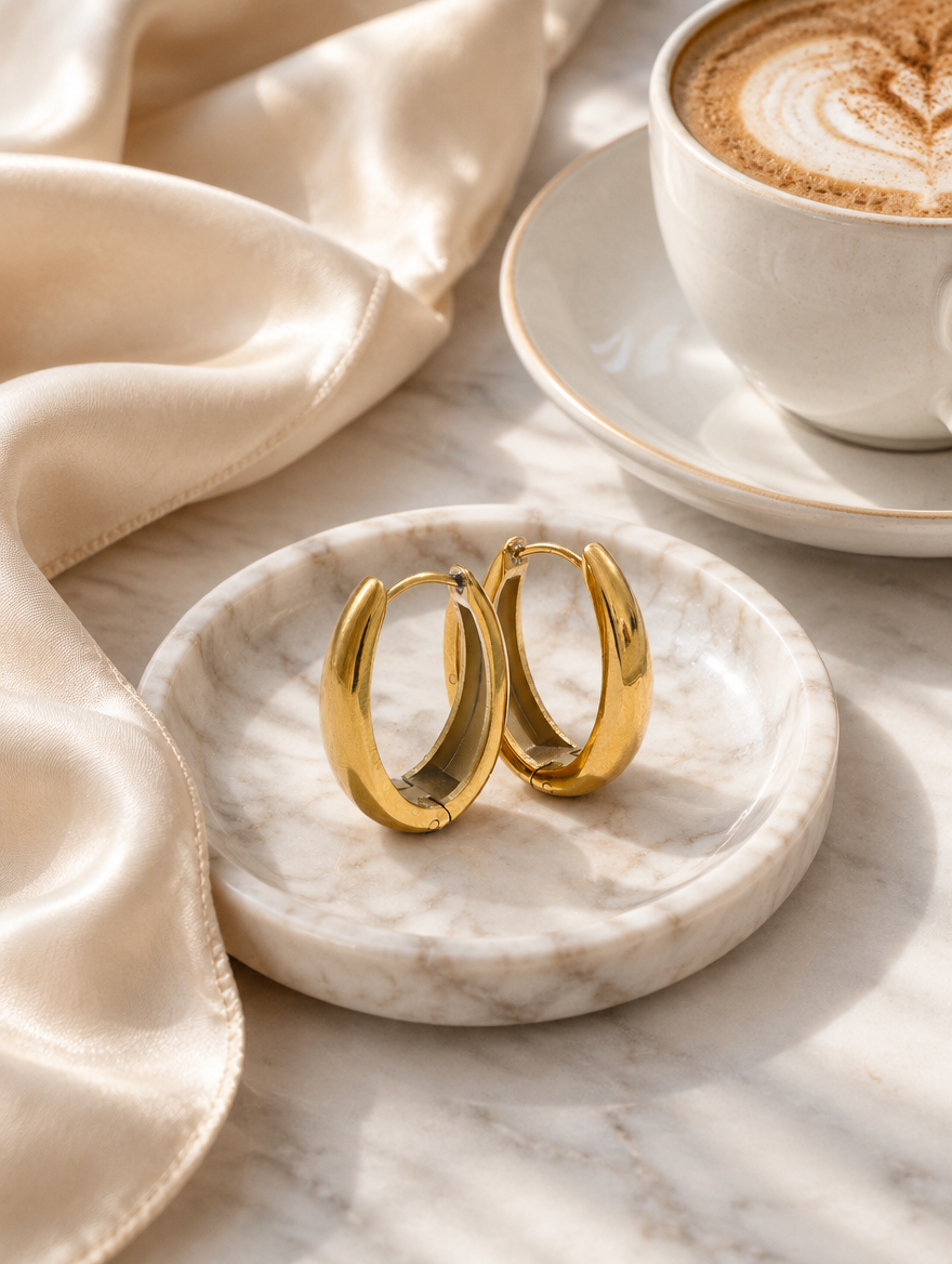 316l steel gold huggie hoop earrings in a styled still life with props
