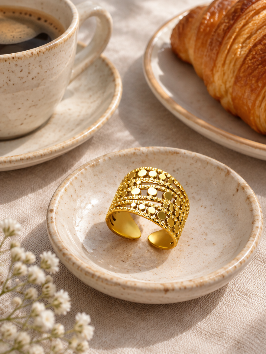 Wide gold disc texture open ring in a small dish with styling props