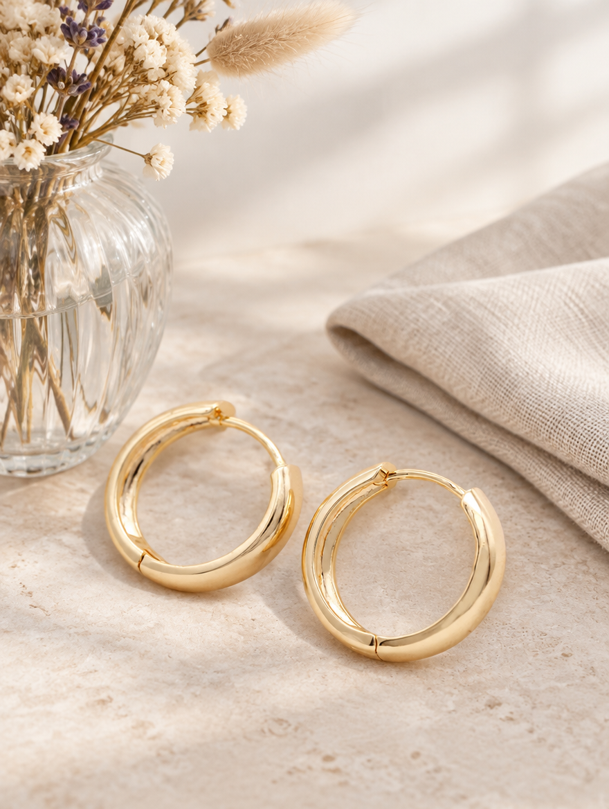 Gold-plated large smooth hoop earrings in a styled still life with props
