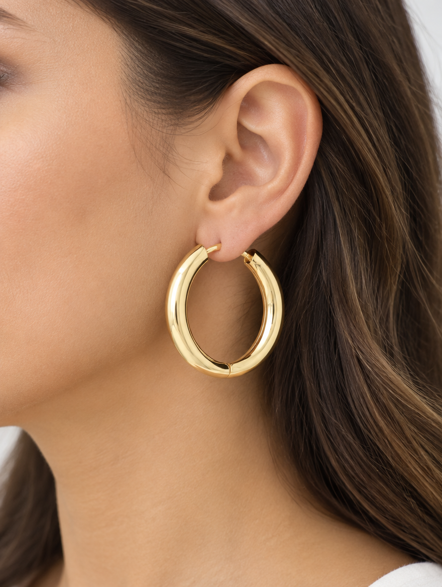 Woman wearing a gold-plated large smooth hoop earring