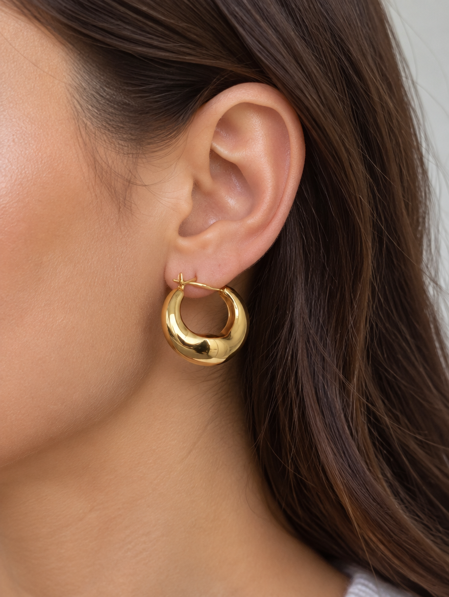 Woman wearing a gold-tone thick rounded hoop earring
