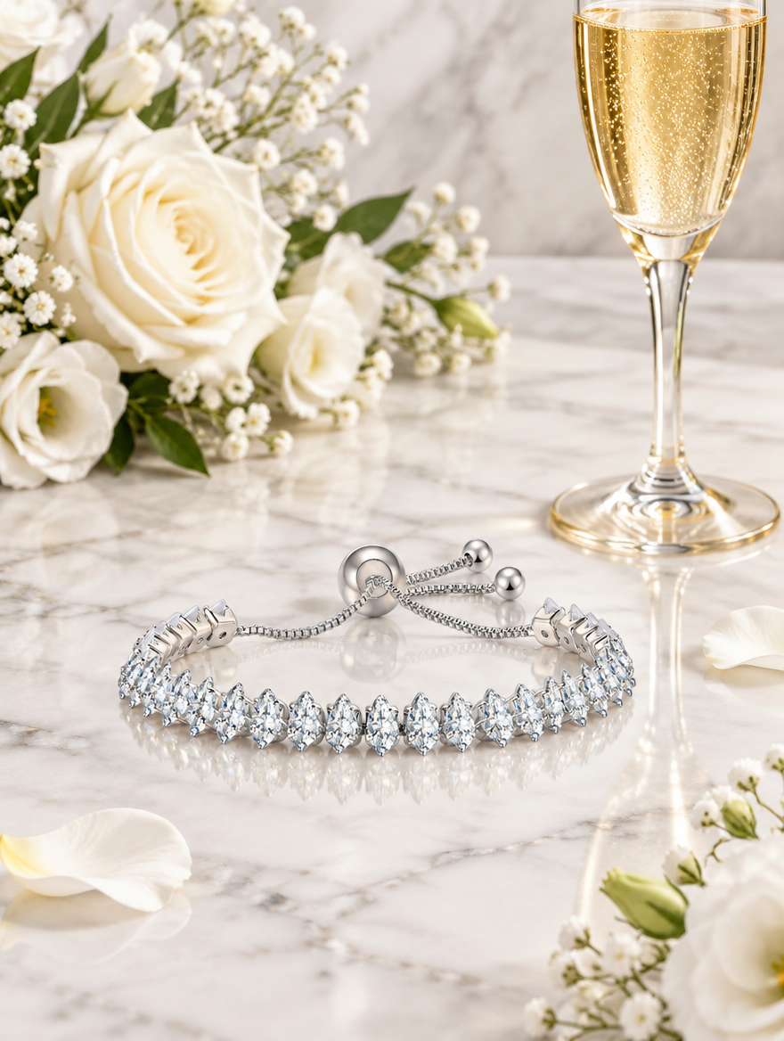 Silver pear-stone slider bracelet beside white roses on marble