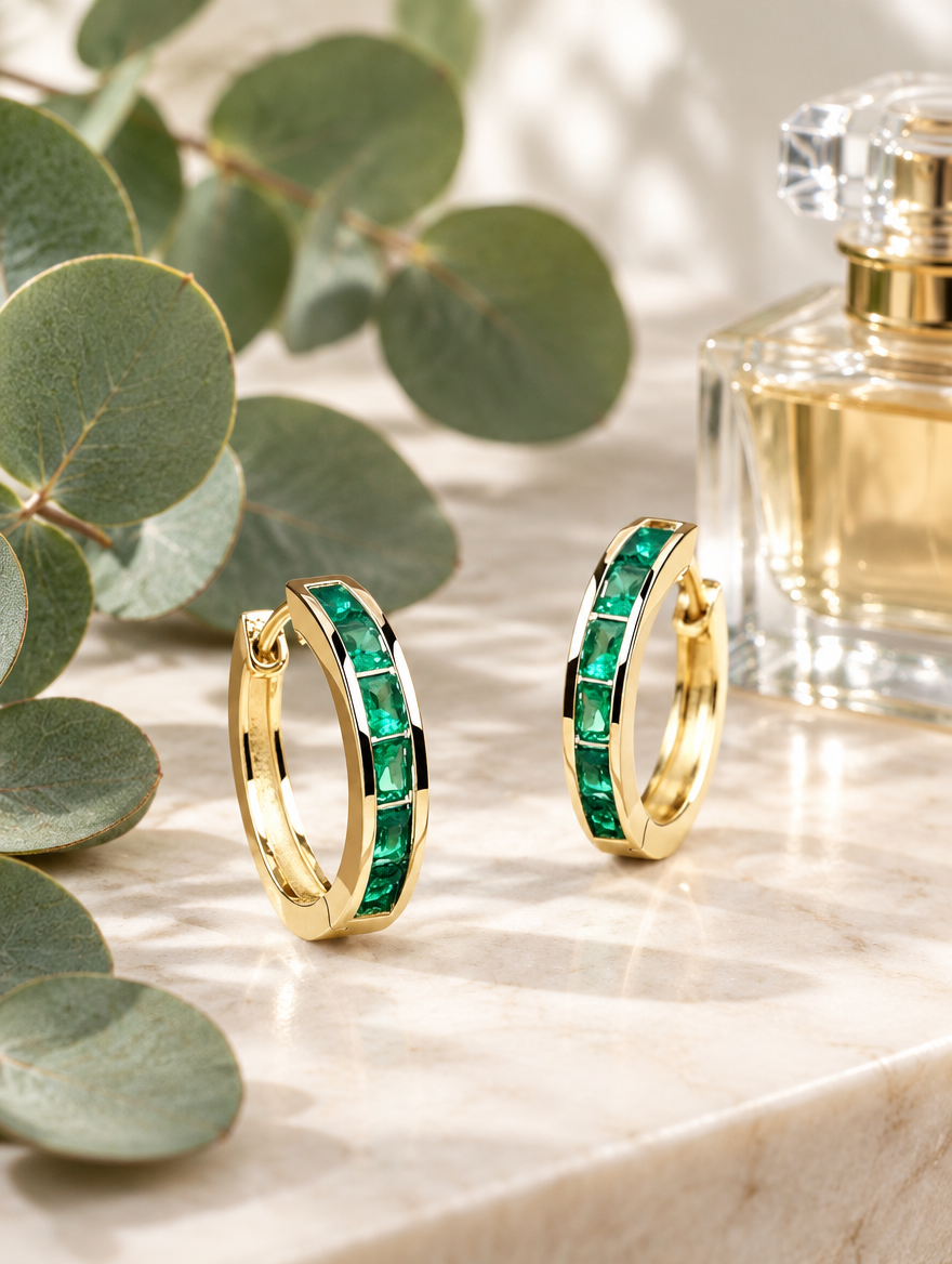 Gold emerald-green zirconia hoop earrings in a styled still life with props