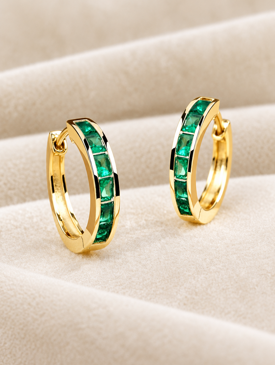 Gold emerald-green zirconia hoop earrings lying flat on a soft styled surface