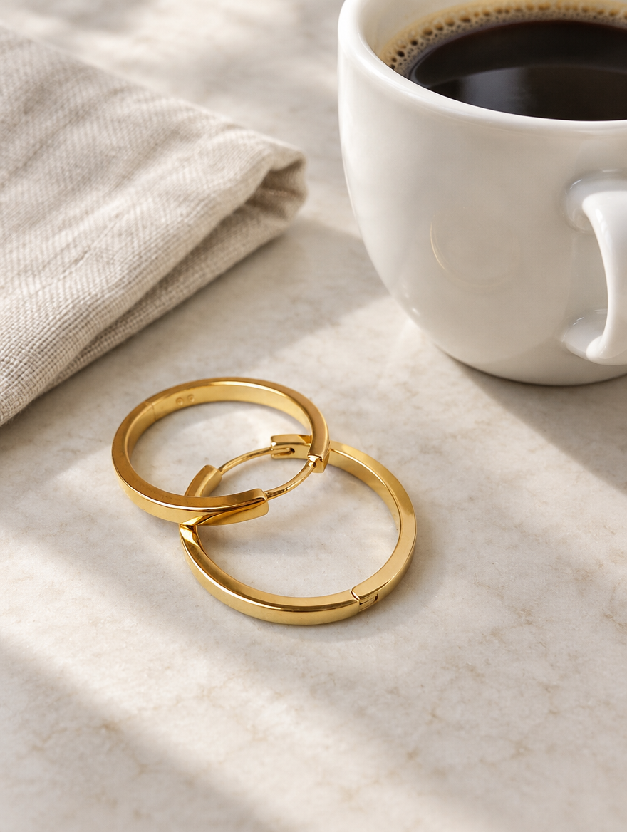 Classic gold-tone round hoop earrings in a styled still life with props