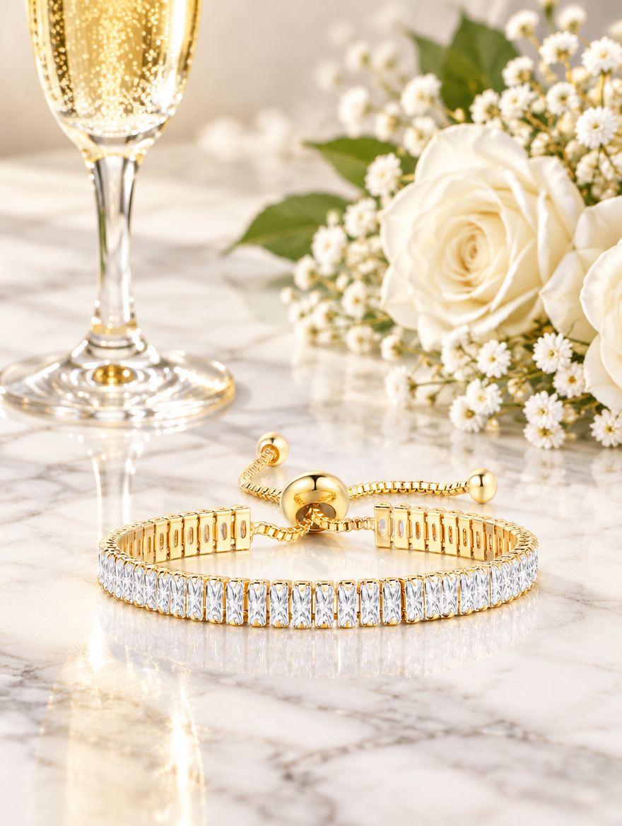 Gold slider bracelet beside a champagne flute and white flowers on marble