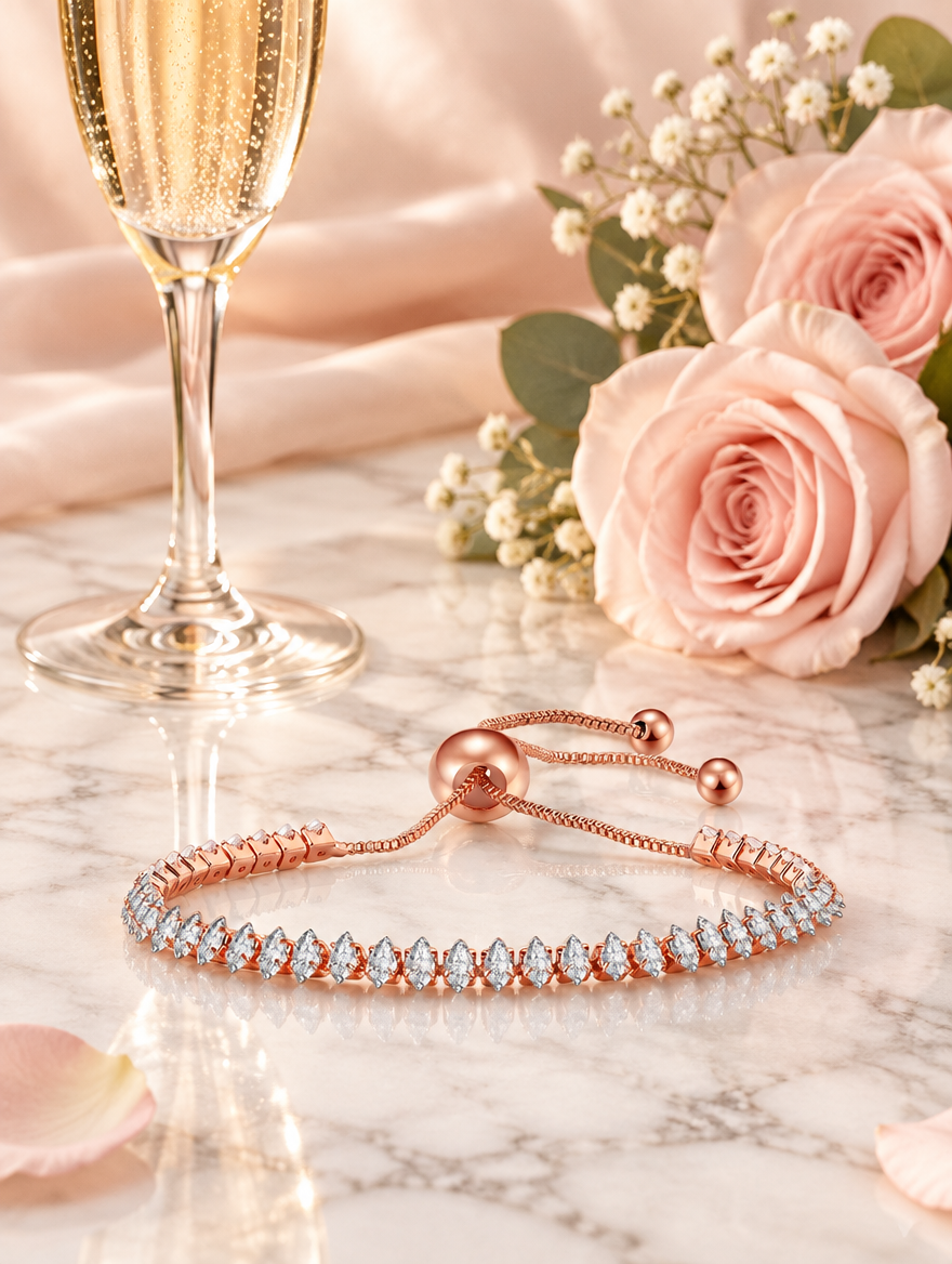 Rose gold slider bracelet beside a champagne flute and blush roses on marble