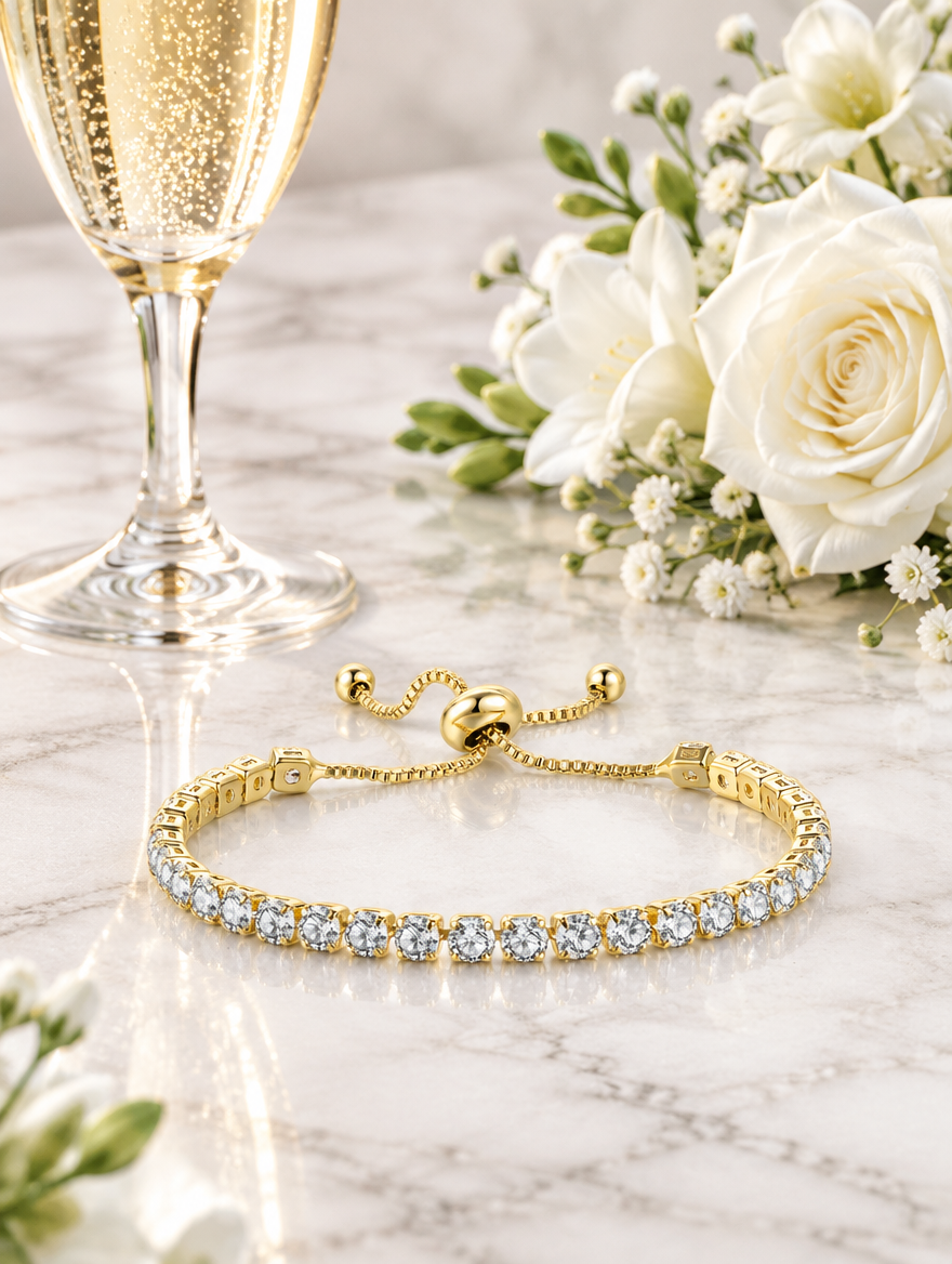 Gold slider bracelet beside a champagne flute and white flowers on marble