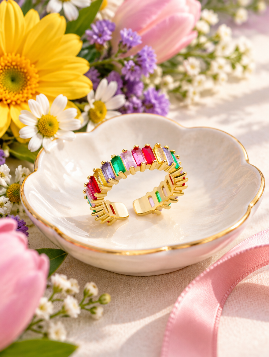 Gold rainbow baguette stone ring in a small dish with styling props
