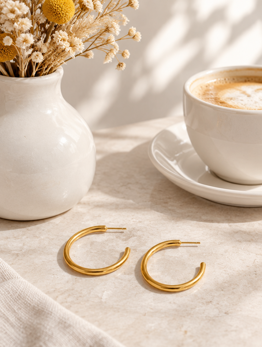 Gold open c-shape hoop earrings in a styled still life with props