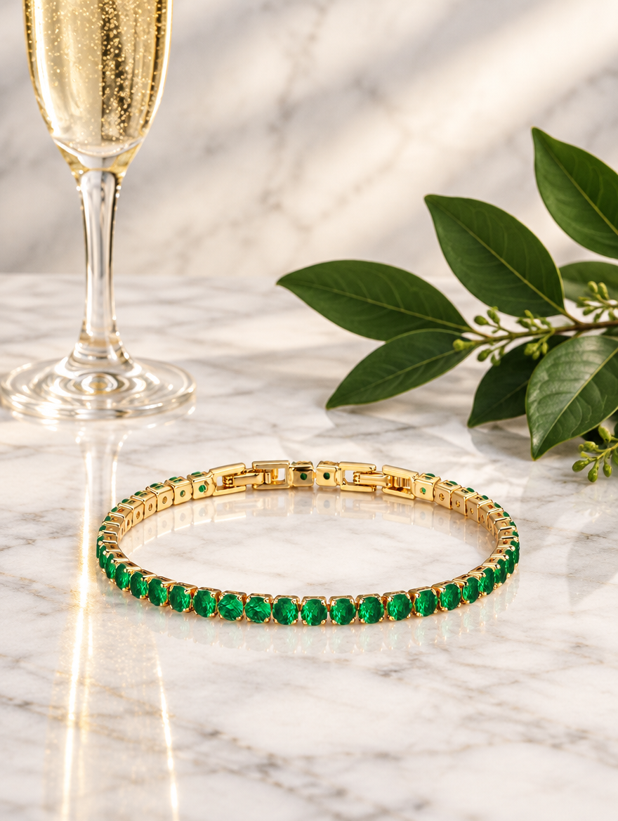 Gold green zirconia bracelet beside a champagne flute and a green leaf on marble