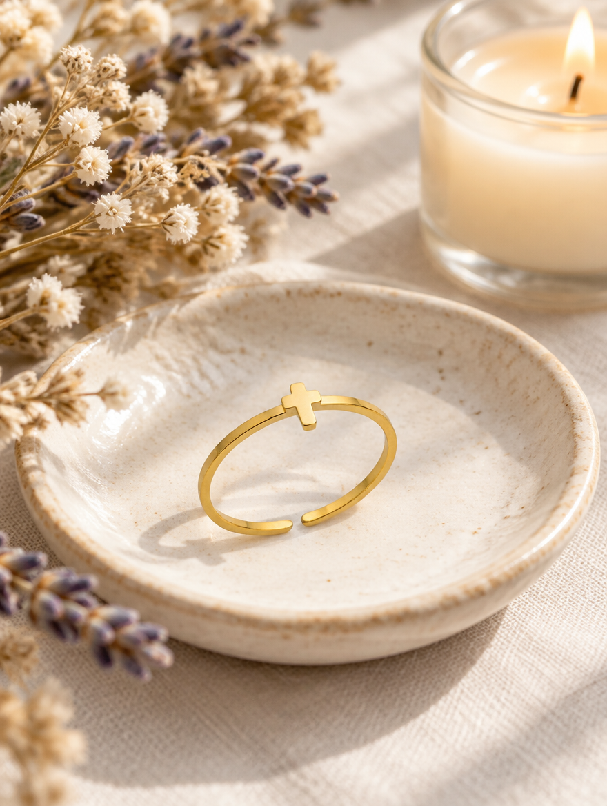 Thin gold cross ring in a small dish with styling props