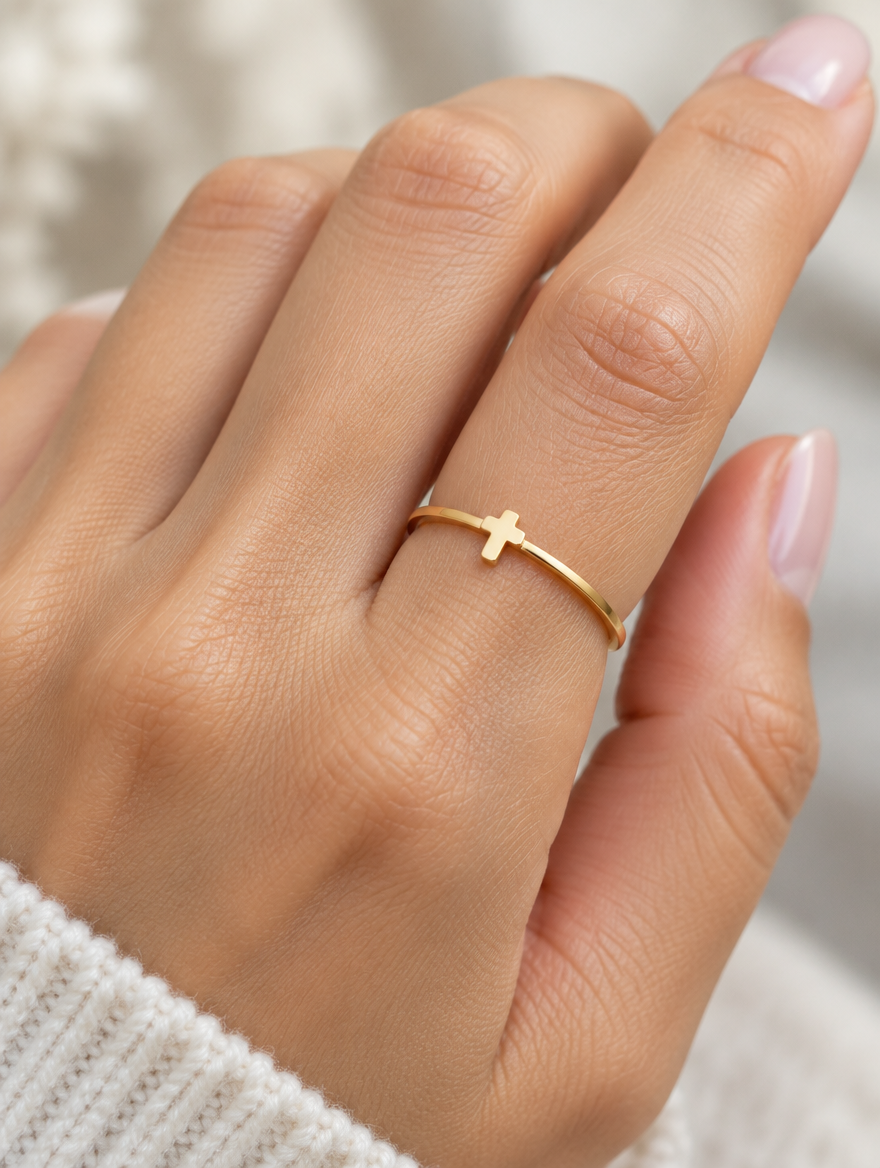 Woman wearing a thin gold cross ring on her finger