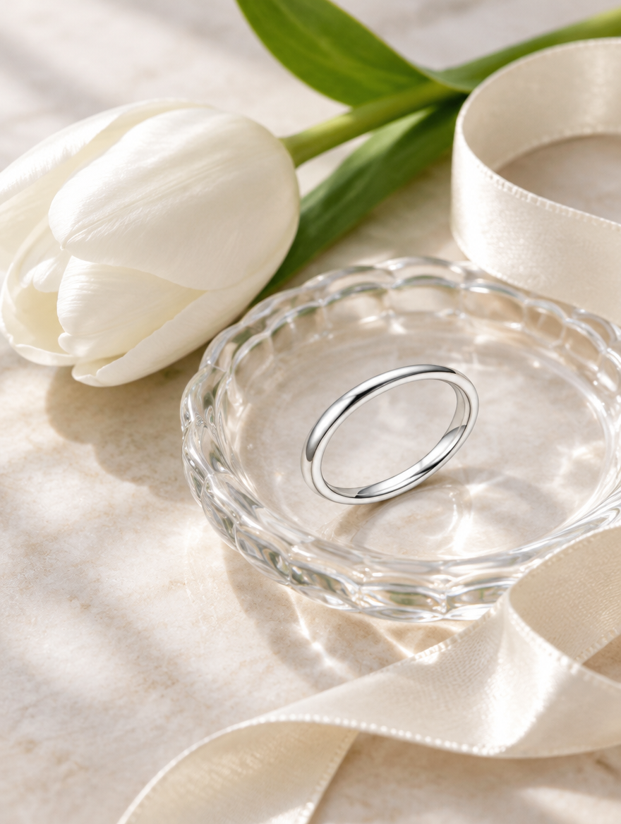 Thin silver polished band ring in a small dish with styling props