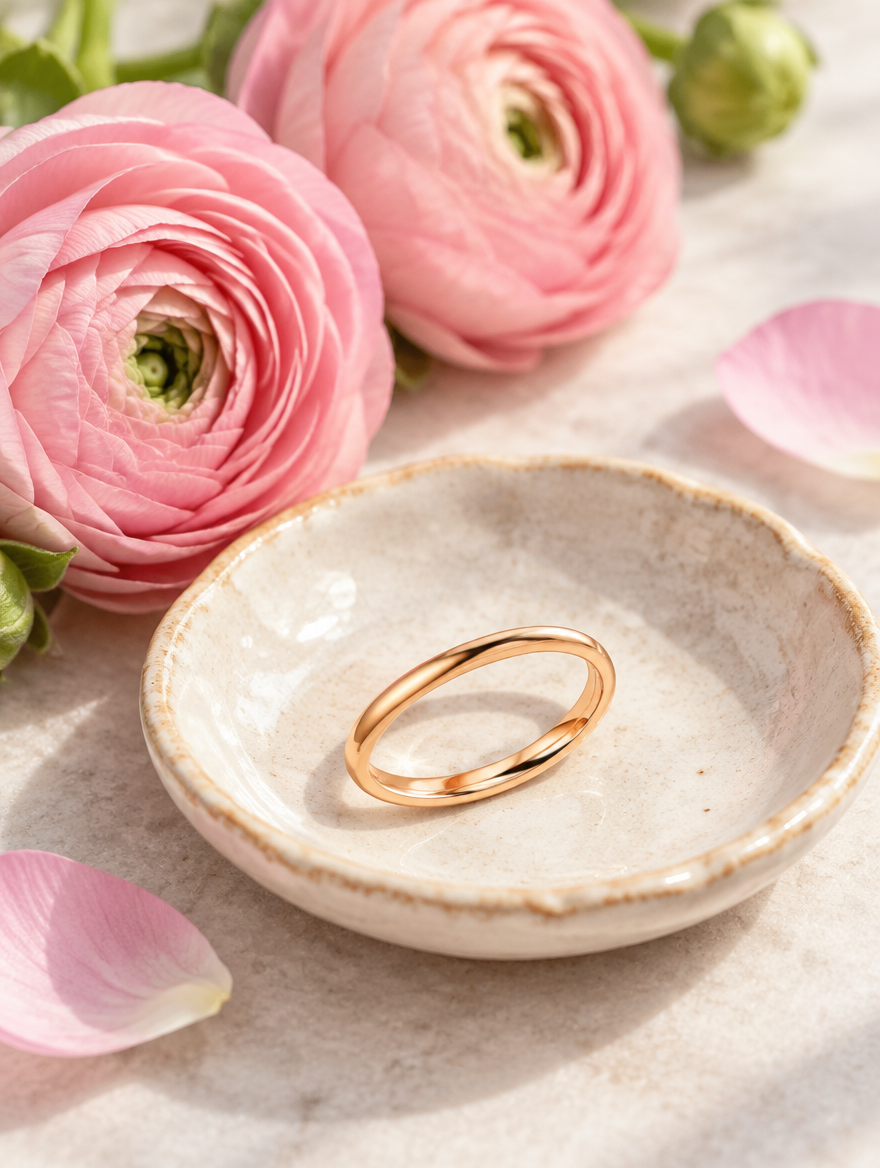 Thin rose gold polished band ring in a small dish with styling props