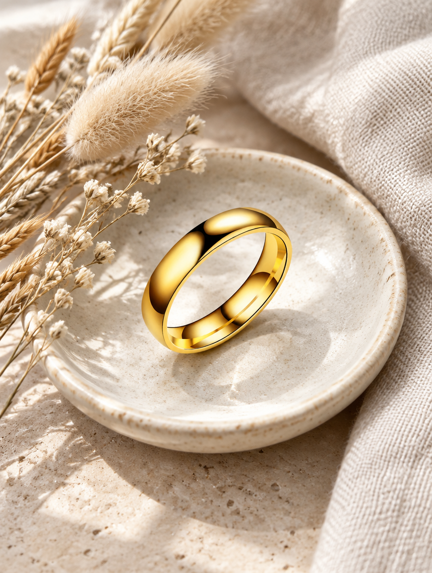 Wide gold domed polished band ring in a small dish with styling props