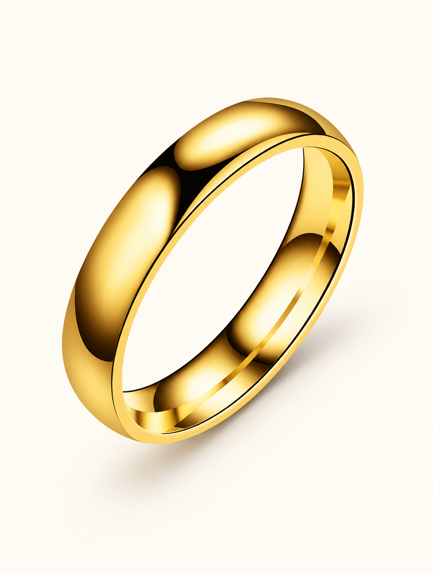 Wide gold domed polished band ring on a neutral background