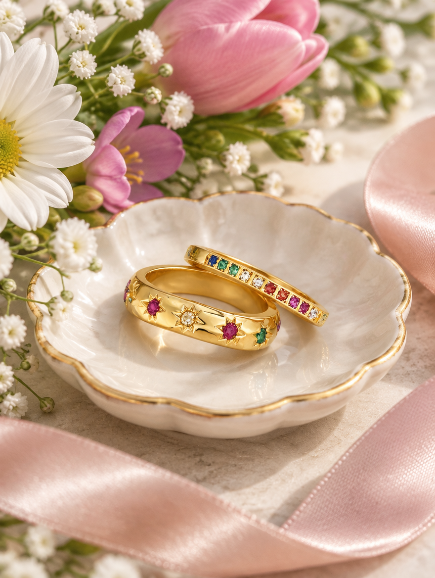 Set of two gold rainbow zirconia and star rings in a small dish with styling props