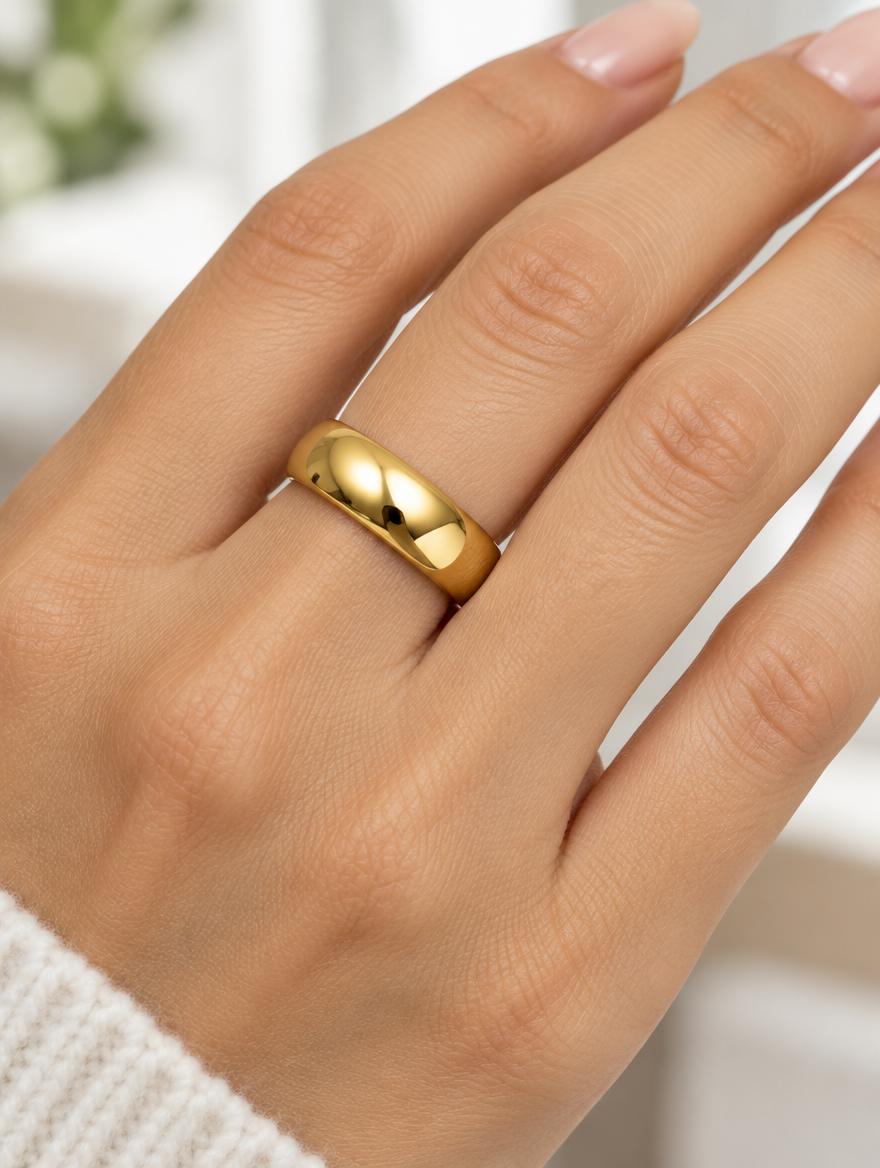 Woman wearing a wide gold domed polished band ring on her finger