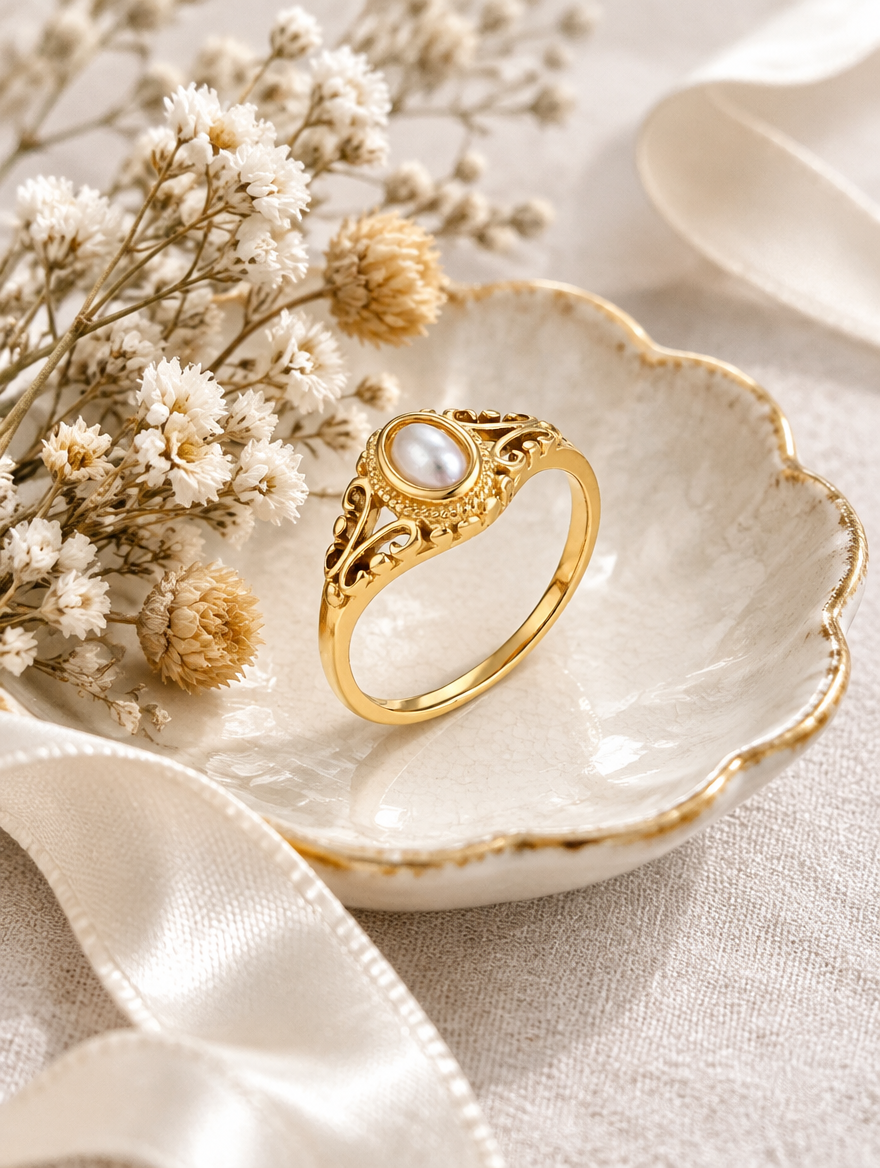 Gold vintage-style pearl ring in a small dish with styling props
