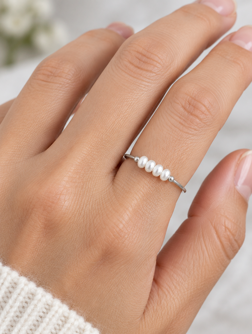 Woman wearing a silver three pearl band ring on her finger