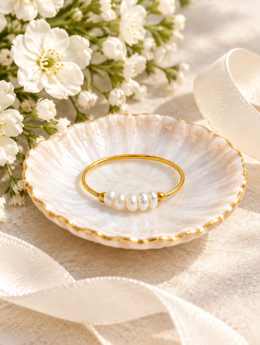 Gold three pearl band ring in a small dish with styling props