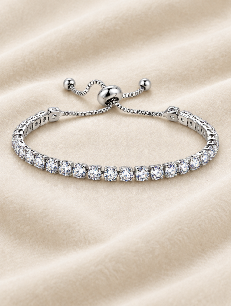 Silver zirconia slider bracelet on cream velvet