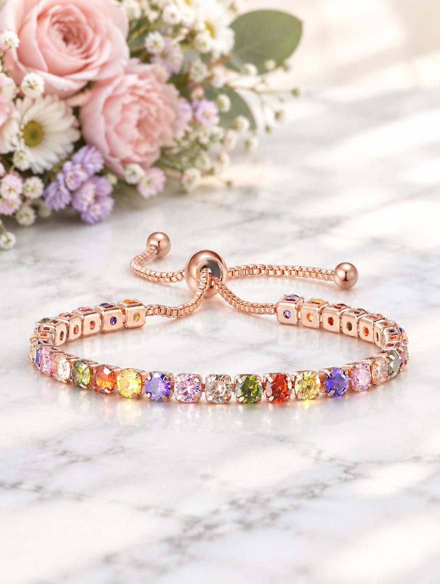 Rose gold rainbow zirconia bracelet beside pastel flowers on marble