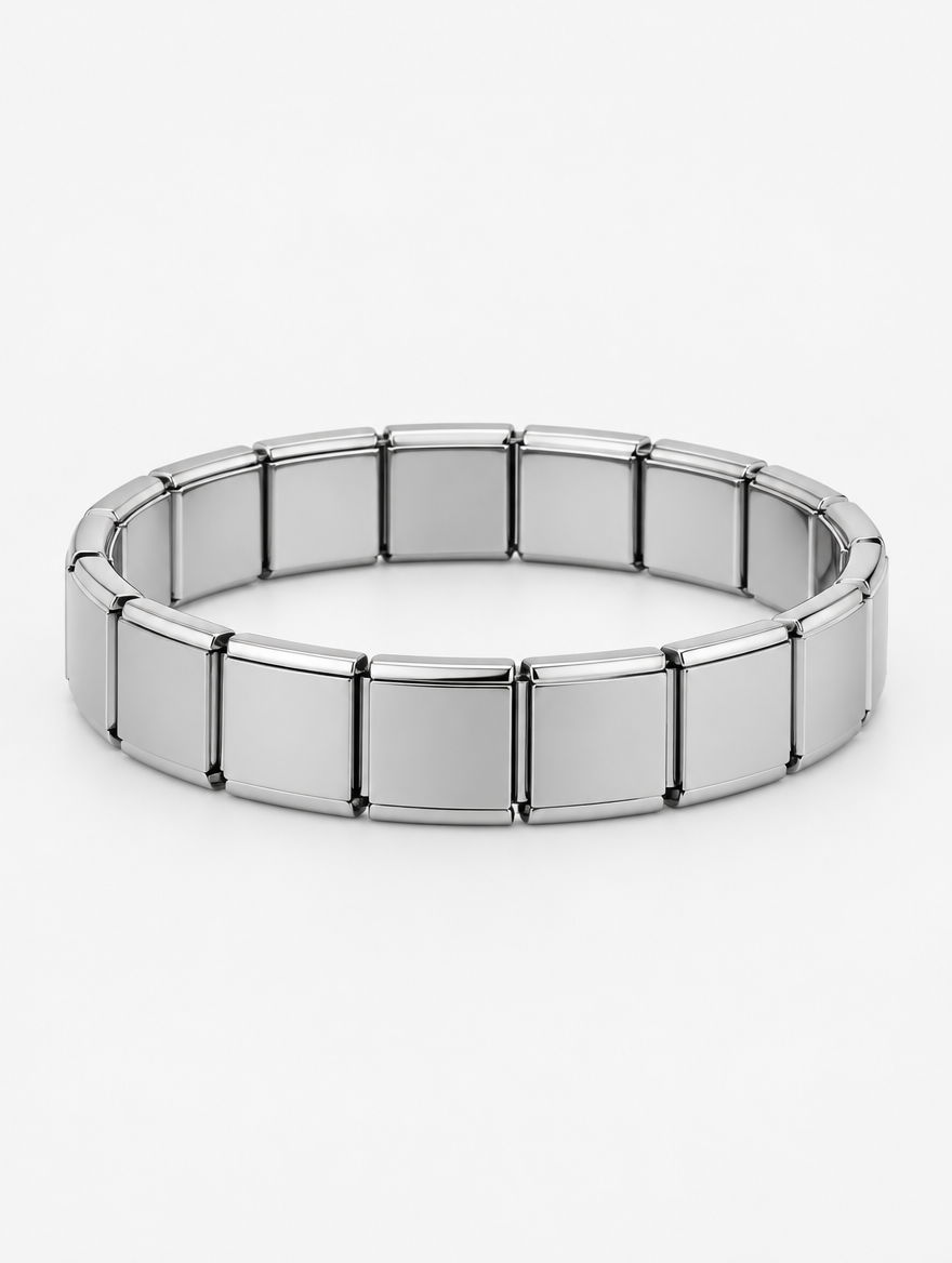 Silver stainless steel stretch link bracelet on a neutral background