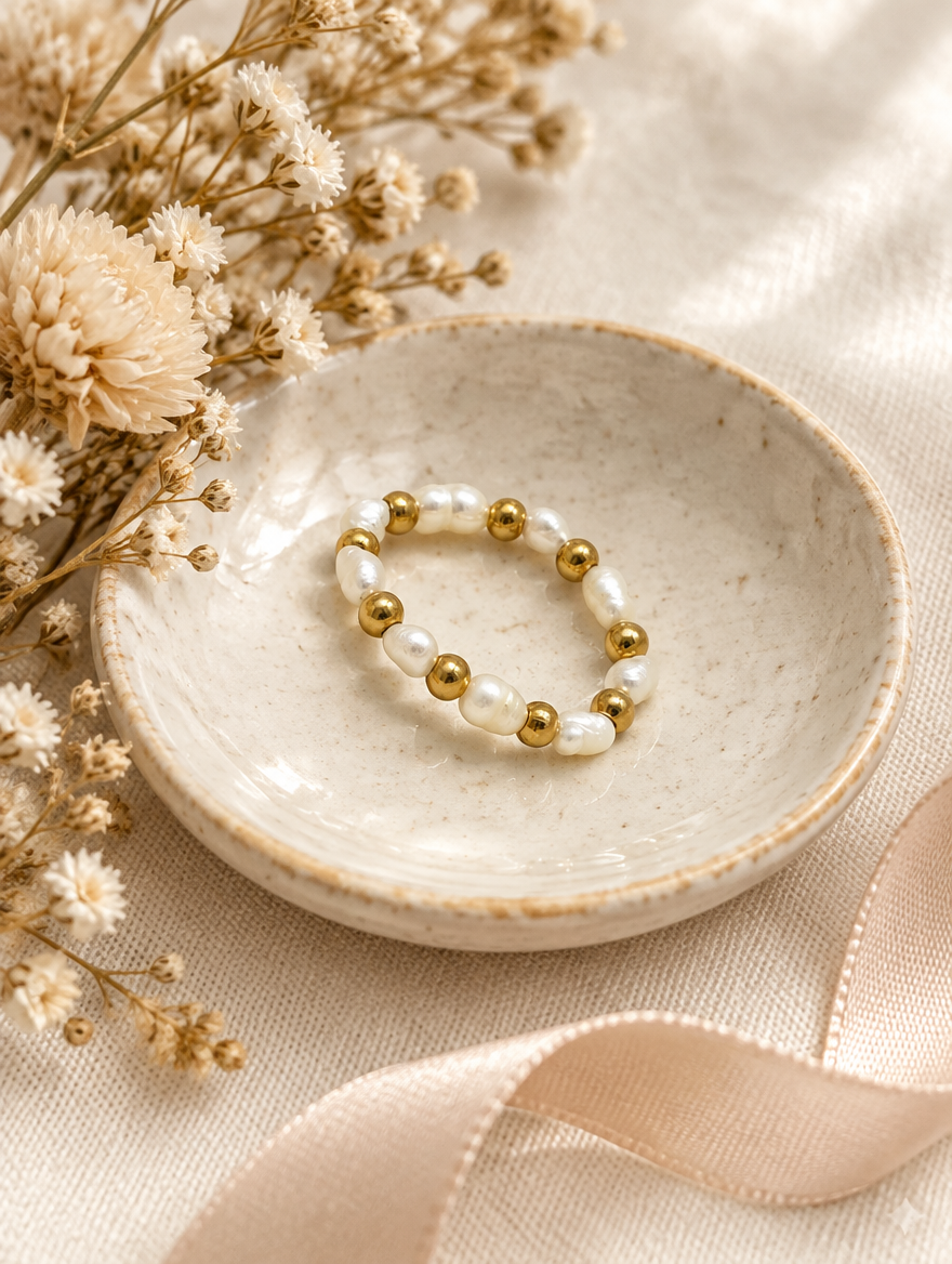 Gold bead ring with pearl accents in a small dish with styling props