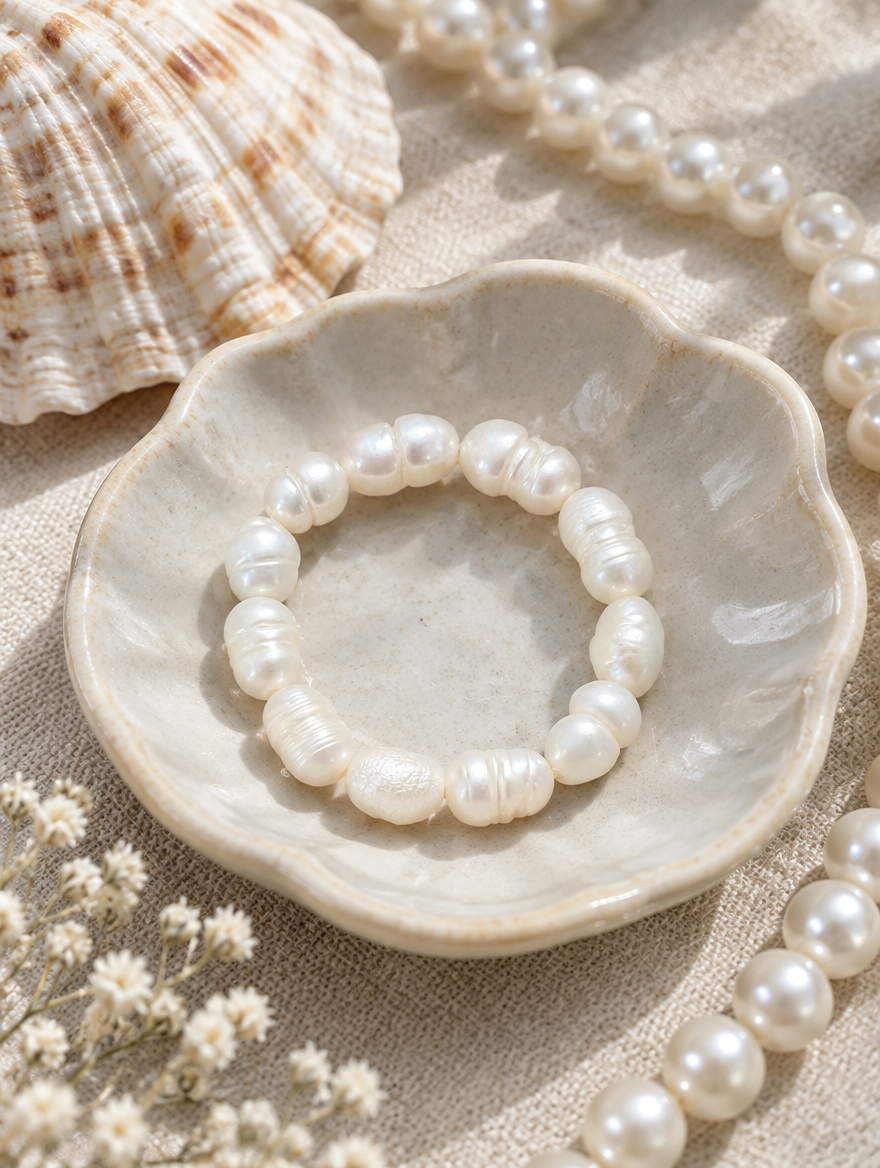 White baroque freshwater pearl beaded ring in a small dish with styling props