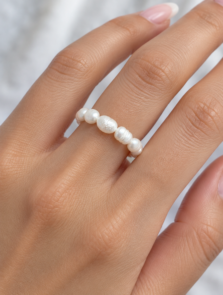 Woman wearing a white baroque freshwater pearl beaded ring on her finger
